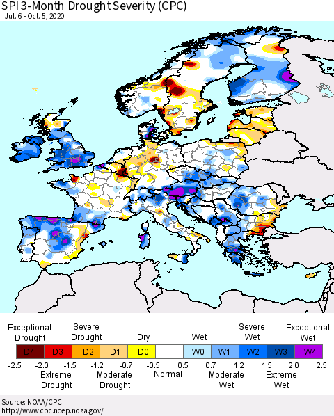 Europe SPI 3-Month Drought Severity (CPC) Thematic Map For 7/6/2020 - 10/5/2020