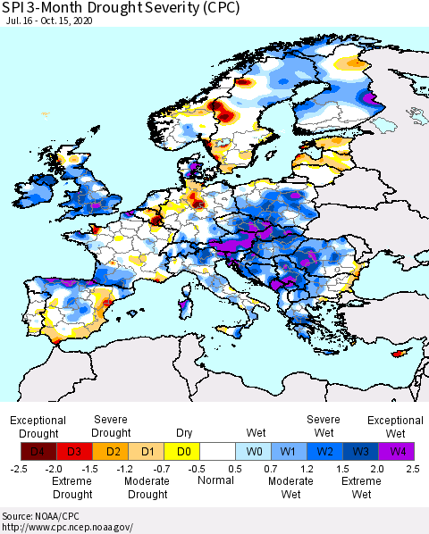 Europe SPI 3-Month Drought Severity (CPC) Thematic Map For 7/16/2020 - 10/15/2020