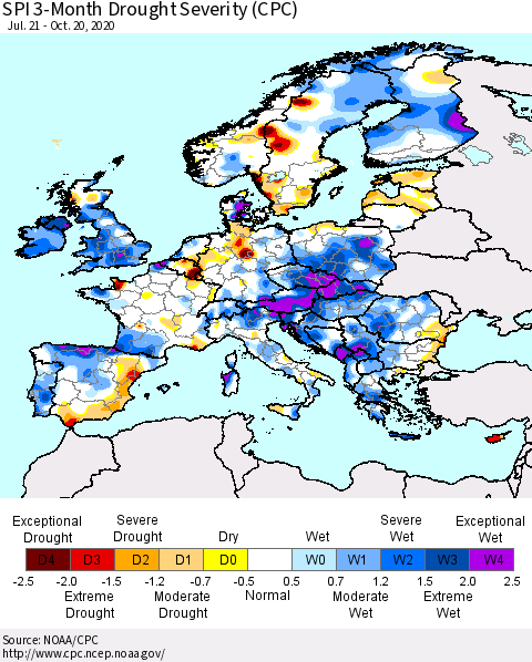 Europe SPI 3-Month Drought Severity (CPC) Thematic Map For 7/21/2020 - 10/20/2020