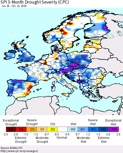 Europe SPI 3-Month Drought Severity (CPC) Thematic Map For 7/26/2020 - 10/25/2020