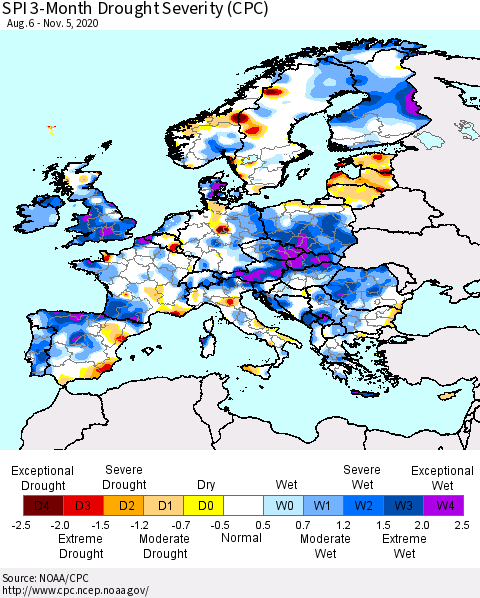 Europe SPI 3-Month Drought Severity (CPC) Thematic Map For 8/6/2020 - 11/5/2020