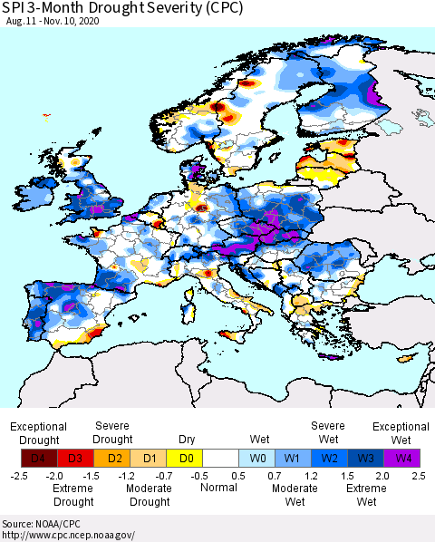 Europe SPI 3-Month Drought Severity (CPC) Thematic Map For 8/11/2020 - 11/10/2020