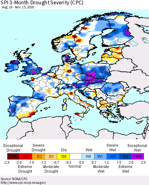 Europe SPI 3-Month Drought Severity (CPC) Thematic Map For 8/16/2020 - 11/15/2020