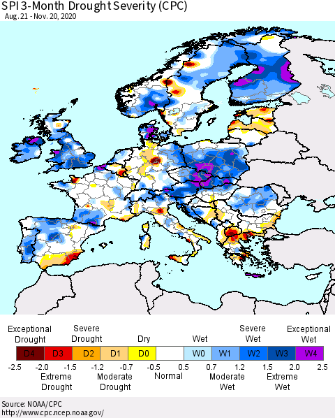 Europe SPI 3-Month Drought Severity (CPC) Thematic Map For 8/21/2020 - 11/20/2020
