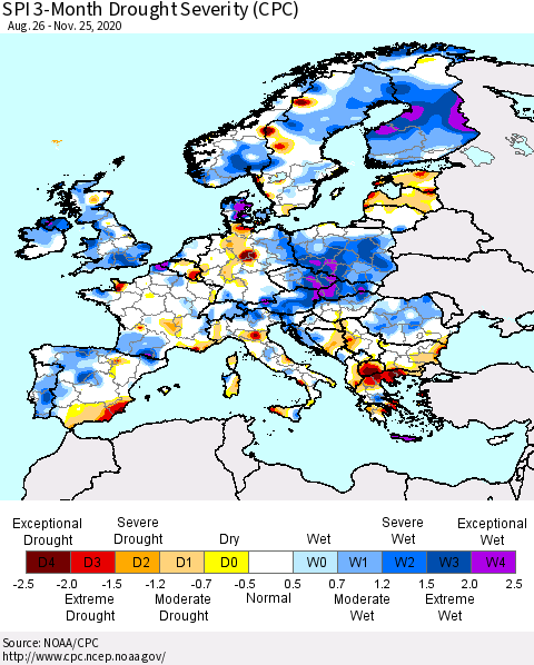 Europe SPI 3-Month Drought Severity (CPC) Thematic Map For 8/26/2020 - 11/25/2020