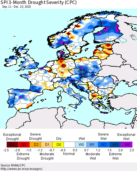 Europe SPI 3-Month Drought Severity (CPC) Thematic Map For 9/11/2020 - 12/10/2020