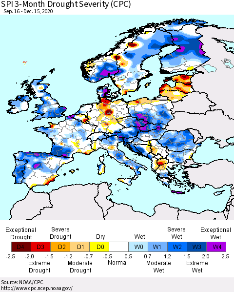 Europe SPI 3-Month Drought Severity (CPC) Thematic Map For 9/16/2020 - 12/15/2020