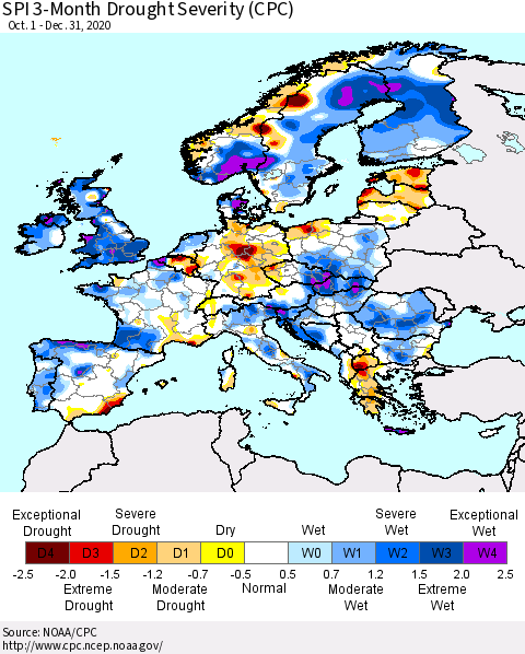 Europe SPI 3-Month Drought Severity (CPC) Thematic Map For 10/1/2020 - 12/31/2020
