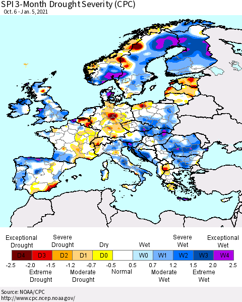 Europe SPI 3-Month Drought Severity (CPC) Thematic Map For 10/6/2020 - 1/5/2021