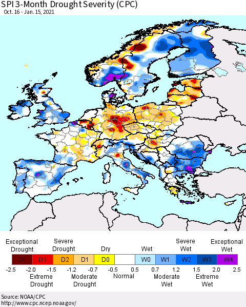 Europe SPI 3-Month Drought Severity (CPC) Thematic Map For 10/16/2020 - 1/15/2021