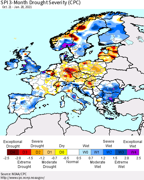 Europe SPI 3-Month Drought Severity (CPC) Thematic Map For 10/21/2020 - 1/20/2021