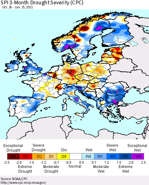 Europe SPI 3-Month Drought Severity (CPC) Thematic Map For 10/26/2020 - 1/25/2021