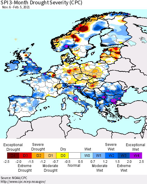 Europe SPI 3-Month Drought Severity (CPC) Thematic Map For 11/6/2020 - 2/5/2021