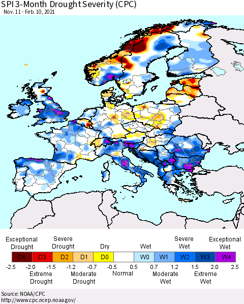 Europe SPI 3-Month Drought Severity (CPC) Thematic Map For 11/11/2020 - 2/10/2021