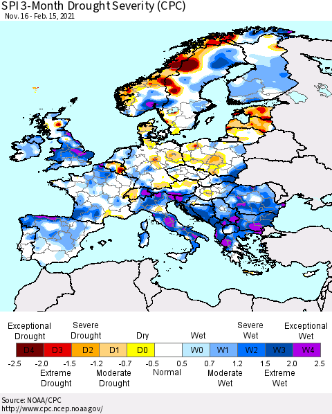 Europe SPI 3-Month Drought Severity (CPC) Thematic Map For 11/16/2020 - 2/15/2021