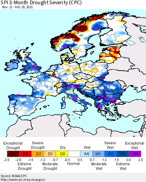 Europe SPI 3-Month Drought Severity (CPC) Thematic Map For 11/21/2020 - 2/20/2021