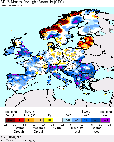 Europe SPI 3-Month Drought Severity (CPC) Thematic Map For 11/26/2020 - 2/25/2021
