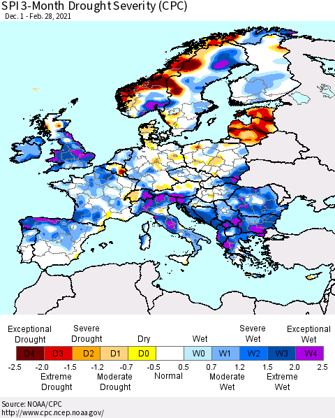 Europe SPI 3-Month Drought Severity (CPC) Thematic Map For 12/1/2020 - 2/28/2021