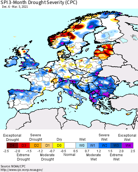 Europe SPI 3-Month Drought Severity (CPC) Thematic Map For 12/6/2020 - 3/5/2021