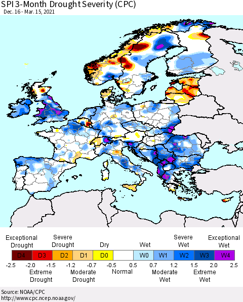 Europe SPI 3-Month Drought Severity (CPC) Thematic Map For 12/16/2020 - 3/15/2021