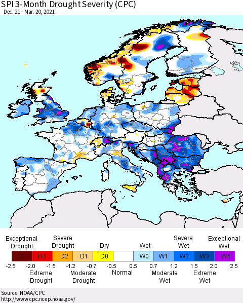 Europe SPI 3-Month Drought Severity (CPC) Thematic Map For 12/21/2020 - 3/20/2021