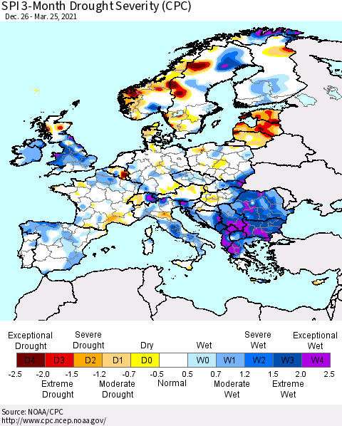 Europe SPI 3-Month Drought Severity (CPC) Thematic Map For 12/26/2020 - 3/25/2021