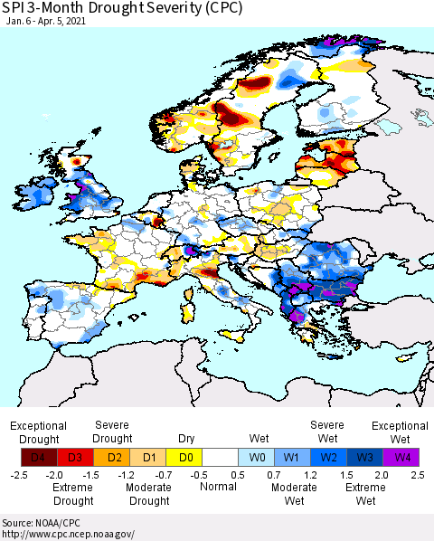 Europe SPI 3-Month Drought Severity (CPC) Thematic Map For 1/6/2021 - 4/5/2021