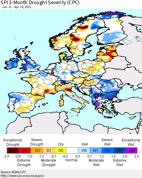 Europe SPI 3-Month Drought Severity (CPC) Thematic Map For 1/11/2021 - 4/10/2021