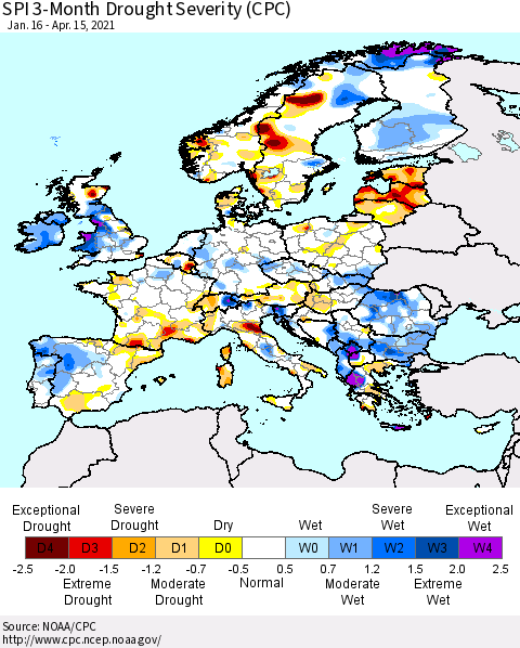 Europe SPI 3-Month Drought Severity (CPC) Thematic Map For 1/16/2021 - 4/15/2021