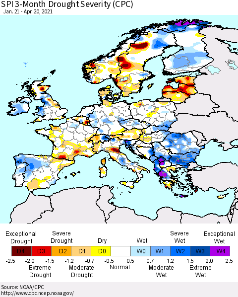 Europe SPI 3-Month Drought Severity (CPC) Thematic Map For 1/21/2021 - 4/20/2021
