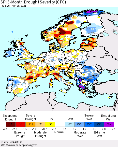 Europe SPI 3-Month Drought Severity (CPC) Thematic Map For 1/26/2021 - 4/25/2021