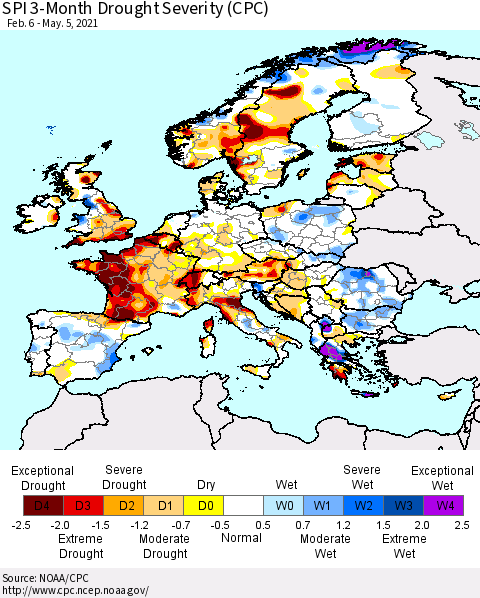 Europe SPI 3-Month Drought Severity (CPC) Thematic Map For 2/6/2021 - 5/5/2021