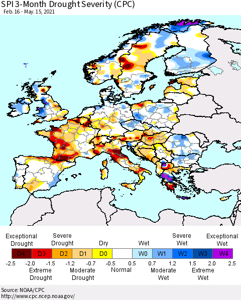 Europe SPI 3-Month Drought Severity (CPC) Thematic Map For 2/16/2021 - 5/15/2021