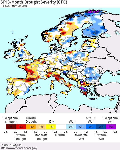 Europe SPI 3-Month Drought Severity (CPC) Thematic Map For 2/21/2021 - 5/20/2021