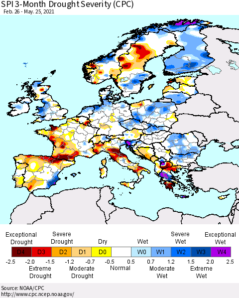 Europe SPI 3-Month Drought Severity (CPC) Thematic Map For 2/26/2021 - 5/25/2021