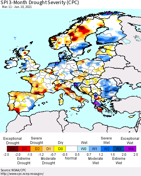 Europe SPI 3-Month Drought Severity (CPC) Thematic Map For 3/11/2021 - 6/10/2021