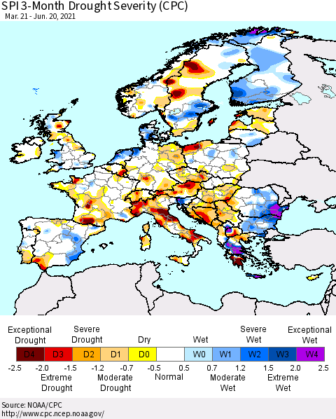 Europe SPI 3-Month Drought Severity (CPC) Thematic Map For 3/21/2021 - 6/20/2021