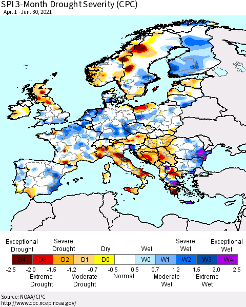 Europe SPI 3-Month Drought Severity (CPC) Thematic Map For 4/1/2021 - 6/30/2021
