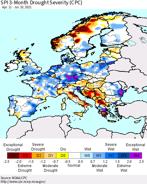 Europe SPI 3-Month Drought Severity (CPC) Thematic Map For 4/11/2021 - 7/10/2021
