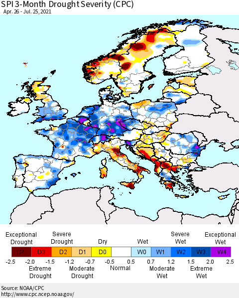 Europe SPI 3-Month Drought Severity (CPC) Thematic Map For 4/26/2021 - 7/25/2021