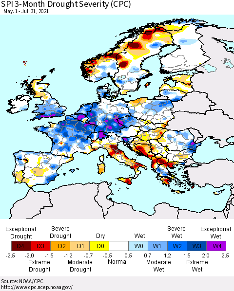 Europe SPI 3-Month Drought Severity (CPC) Thematic Map For 5/1/2021 - 7/31/2021