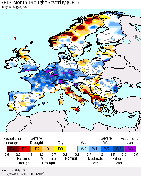Europe SPI 3-Month Drought Severity (CPC) Thematic Map For 5/6/2021 - 8/5/2021