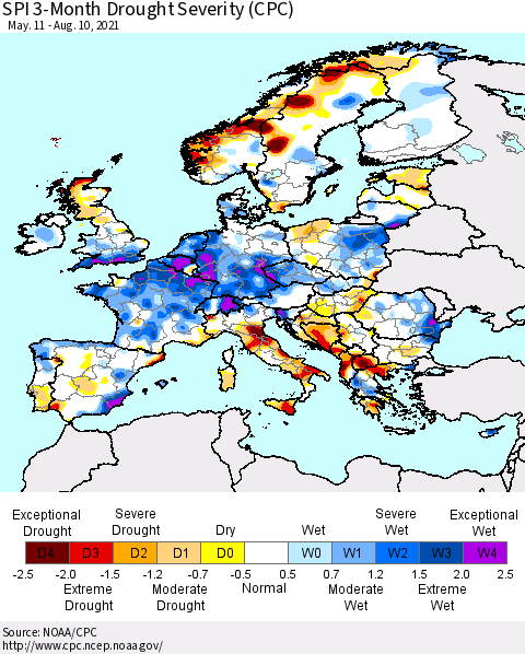 Europe SPI 3-Month Drought Severity (CPC) Thematic Map For 5/11/2021 - 8/10/2021