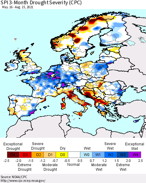 Europe SPI 3-Month Drought Severity (CPC) Thematic Map For 5/16/2021 - 8/15/2021