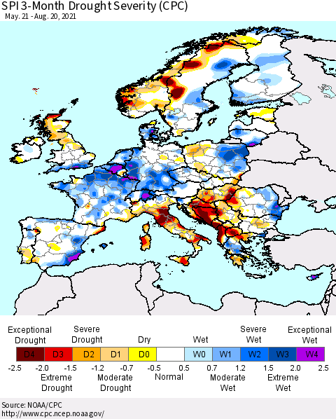 Europe SPI 3-Month Drought Severity (CPC) Thematic Map For 5/21/2021 - 8/20/2021
