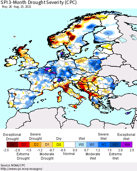 Europe SPI 3-Month Drought Severity (CPC) Thematic Map For 5/26/2021 - 8/25/2021