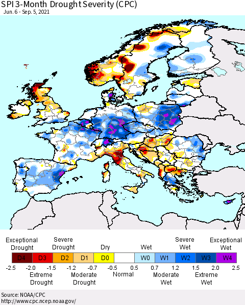 Europe SPI 3-Month Drought Severity (CPC) Thematic Map For 6/6/2021 - 9/5/2021