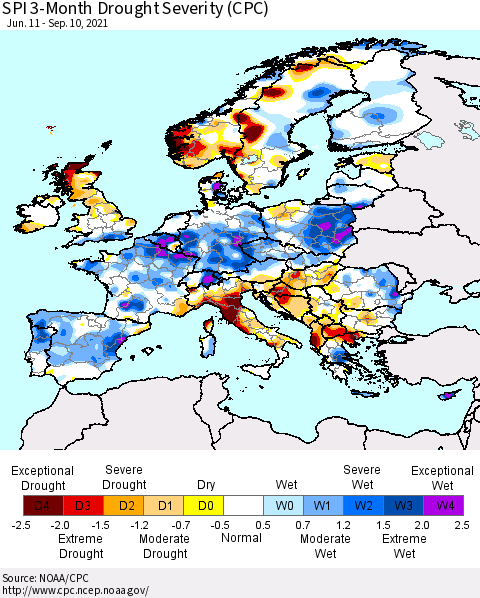 Europe SPI 3-Month Drought Severity (CPC) Thematic Map For 6/11/2021 - 9/10/2021