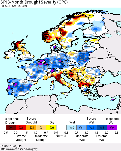 Europe SPI 3-Month Drought Severity (CPC) Thematic Map For 6/16/2021 - 9/15/2021