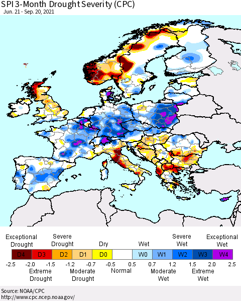 Europe SPI 3-Month Drought Severity (CPC) Thematic Map For 6/21/2021 - 9/20/2021